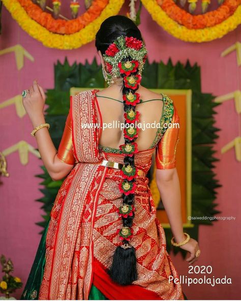 Poola Jada For Half Saree Function, Pelli Poola Jada Indian Bridal Latest, Jada Billalu, Floral Hairstyle, Pelli Poola Jada, Exclusive Blouse Designs, Poola Jada, Saree Function, Indigo Saree