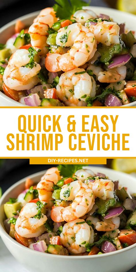 Whip up this quick and easy Shrimp Ceviche for your next gathering! Fresh, zesty, and served with tortilla chips – it’s a guaranteed hit. Recipe For Shrimp Tacos, Ceviche Shrimp, Easy Shrimp Ceviche Recipe, Shrimp Snacks, Shrimp Ceviche Recipe, Shrimp Ceviche, Ceviche Recipe, Shrimp Appetizers, Frozen Shrimp