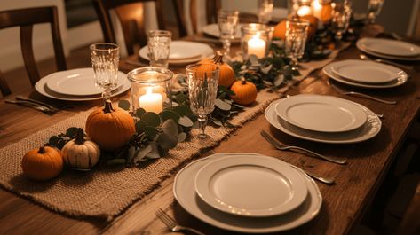 A rustic Thanksgiving table featuring a burlap runner down the center, surrounded by simple white plates and silverware. In the middle, a row of small pumpkins and gourds, paired with a garland of eucalyptus leaves, adds a natural, seasonal touch. The overall atmosphere is cozy and warm, with soft candlelight illuminating the table. Burlap Thanksgiving Table, Thanksgiving Tablescapes Simple, Tablescapes Simple, Plates And Silverware, Rustic Thanksgiving Table, Thanksgiving Setting, Thanksgiving Table Ideas, Thanksgiving Tables, Burlap Runner