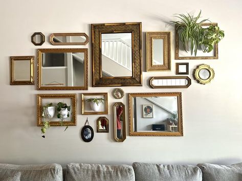 Gallery Mirror Wall, Gallery Wall Of Mirrors, Wall Of Mirrors, Mirror Wall Collage, Mirror Gallery, Thrifted Decor, Mirror Gallery Wall, Safe Zone, Wall Living Room