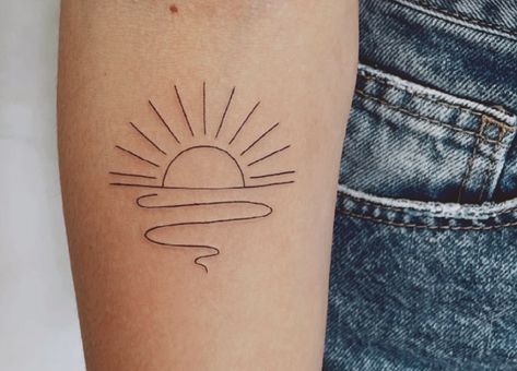 Sea Sunset Tattoo Minimalist, Sun And Sea Tattoo Minimalist, Sun And Wave Tattoo Simple, Tiny Sun And Wave Tattoo, Wave And Sun Tattoo Simple, Sunrise Tattoo, One Line Tattoo, Sunset Tattoos, Sea Tattoo