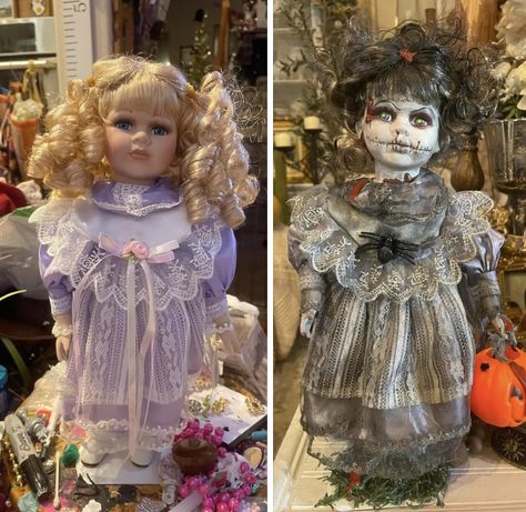 Halloween Dolls Decorations, Spooky Porcelain Dolls Diy, Porcelain Doll Upcycle, Diy Creepy Dolls Tutorials, Diy Creepy Porcelain Dolls, Creepy Halloween Dolls Diy, Creepy Baby Dolls Halloween Decorations, Scary Porcelain Dolls, Spooky Dolls Diy