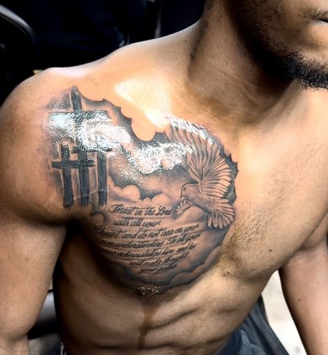 Philippians 4 13 Tattoo Chest, Religous Tattoo Forearm, Guys With Arm Tattoos, Christian Arm Sleeve Tattoo For Men, God Chest Tattoo Men, Scripture Chest Tattoos For Men, Christian Chest Tattoos For Men, Black Man Chest Tattoo, Men Peck Tattoos