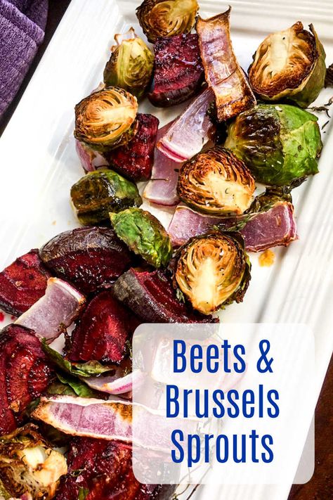 Roasted veggies are a family favorite that we enjoy often, so it's great that these brussels sprouts and beets are easy to make. Roasted Beets Recipe, Roasting Beets In Oven, Roasted Beets And Carrots, Roasted Veggies In Oven, Roasted Sprouts, Himalayan Sea Salt, Sprouts Recipe, Roasted Vegetable Recipes, Beet Recipes