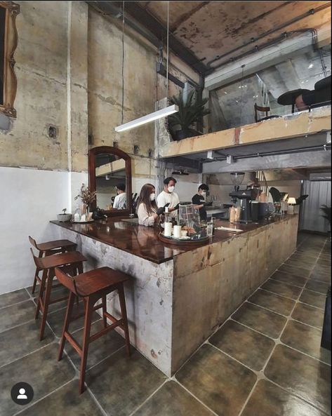 Industrial Style Cafe Interior, Brick Cafe Design, Warehouse Cafe Design, Concrete Bar Design, Scandinavian Cafe Interior, Coffee Bar Industrial, Japanese Cafe Interior, Modern Restaurant Interior, Industrial Interior Cafe