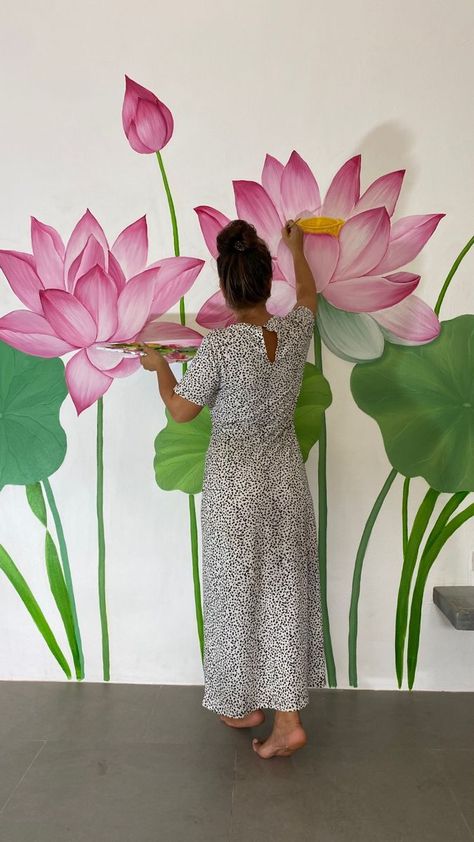 Lotus Flower Wall Painting, Wall Paint Designs Creative Art Ideas Living Room, Lotus Wall Painting Ideas, Lotus Wall Mural, Lotus Flower Mural, Mandir Wall Painting, Lotus Painting On Wall, Indian Wall Painting Living Rooms, Lotus Flower Art Paint