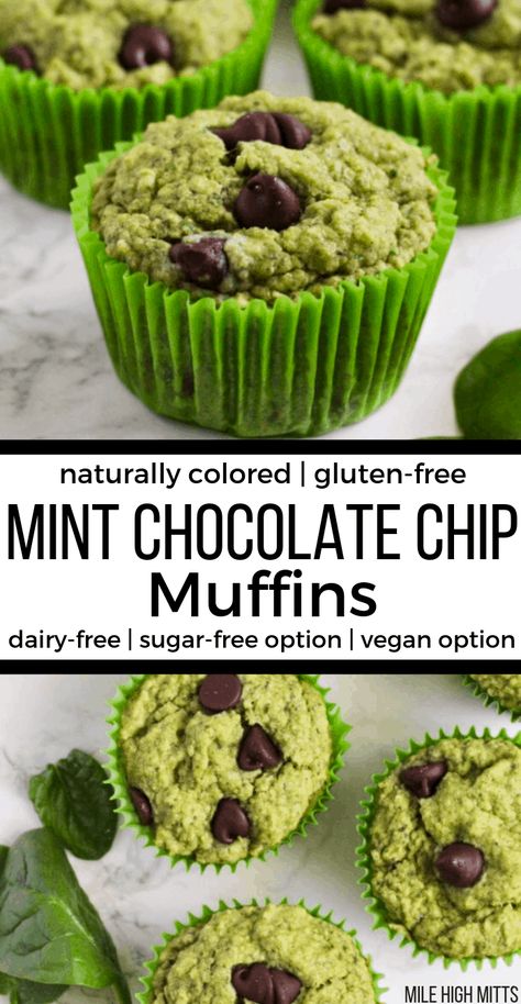 Meet the flavor of your favorite ice cream or girl scout cookies in muffin form! These healthy, gluten-free Mint Chocolate Chip Muffins are naturally colored (thanks to spinach!), dairy-free, with sugar-free and vegan options. Made in a food processor, these muffins are quick to make too! The perfect green breakfast for St. Patrick's Day, or anytime when you want a fun hulk-colored breakfast your kids will love! Gfdf Recipes, Blw Meals, Green Breakfast, Ice Cream For Breakfast, Mint Chocolate Chip Cookies, Dairy Free Cookies, Gluten Free Kids, Dairy Free Breakfasts, St Patricks Day Food