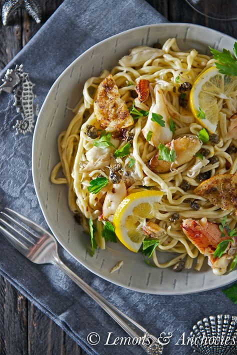 Dungeness Crab Pasta with Fried Meyer Lemon Slices and Fried Capers Pasta With Wine, Crab Pasta Recipes, Dungeness Crab Recipes, Meal Plate, Fried Capers, Crab Recipe, Crab Pasta, Cali Trip, Recipe Pasta