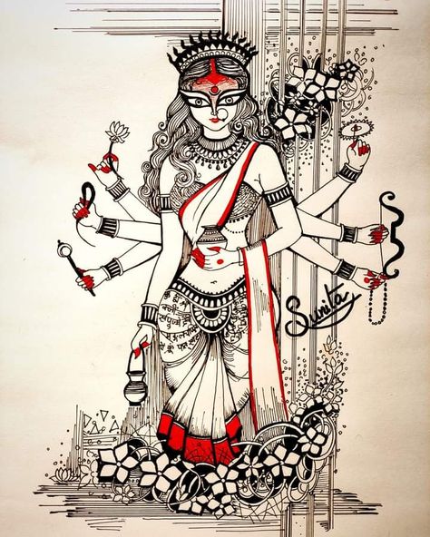 Durga Sketch, Nav Durga, Jay Jagannath, Easy Mandala, Durga Painting, Boho Art Drawings, Portraits Art, Time Pass, Mandala Art Therapy