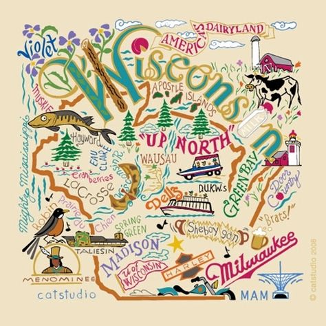 Wisconsin! Great Doodle, Wisconsin Pride, Wisconsin Art, Wisconsin State, Embroidered Border, Wisconsin Badgers, Milwaukee Wisconsin, Gone Fishing, Illustrated Map