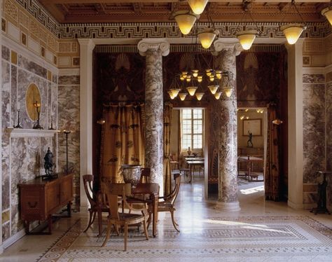 Villa Kerylos in Beaulieu-sur-Mer is a Greek-style property built in the early 1900s by French archaeologist Theodore Reinach, and his wi... Greek Interior Design, Villa Kerylos, French Riviera Style, Classical Greece, Roman Villa, Greek Villas, Greek House, Ancient Greek Architecture, Large Dining Room