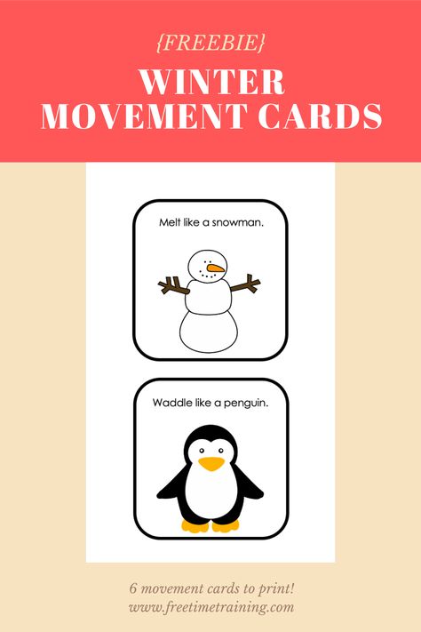 Snow play is a great physical activity. Getting suited up to head out is a gross motor in and of itself. Adding movement throughout the day helps burn energy. Here are 6 movement cards that connect to winter. You can pull a card or attach them to a large dice to choose each movement. Winter Movement Activities Preschool, Winter Movement Activities, Winter Gross Motor Activities Preschool, Gross Motor Snow Activities, Winter Games For Kids, Arctic Gross Motor Activities, Arctic Animals Preschool Activities Gross Motor, Polar Bear Gross Motor Activity, Winter Movement Cards