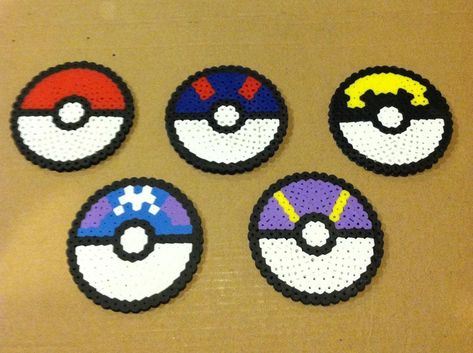 Five different poke-balls from Pokemon. first is the plain one, then the great ball, then the Ultra ball, hen the master ball, then an elite ball. These could be used as coasters, pins, necklaces, ... Poke Ball Perler Bead Patterns, Pokeball Perler, Perleplader Ideas, Ultra Ball, Master Ball, Pokemon Bead, Pokemon Perler Beads, Perler Art, Perler Bead Templates