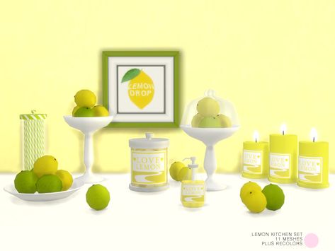 Lemon Scented Candle, Sims 4 Cc Furniture Living Rooms, Sims 4 Kitchen, Juicing With A Blender, Sims 4 Clutter, Lemon Kitchen, Lemon Art, Themed Kitchen, Yellow Accessories