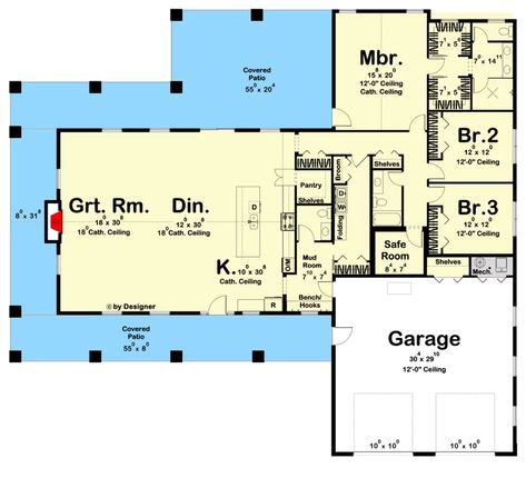 1story Barndominium, Floor Plans With Safe Room, House Plans With Safe Room, Barndominium House Plans, Room Floor Plan, Barndominium House, Wood Garage, Wraparound Porch, Barn Style House Plans