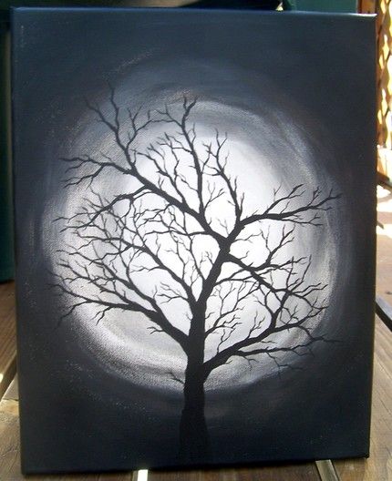 Black And White Painting Ideas, Black Canvas Paintings, Dark Paintings, Black And White Tree, Easy Canvas Painting, Seni Cat Air, Black And White Painting, Painting Ideas On Canvas, Watercolor Trees