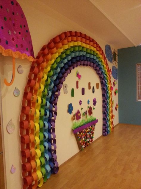 Hiasan Bilik Tidur, Desain Quilling, Paper Chains, Rainbow Crafts, Door Decorations Classroom, Rainbow Theme, Class Decoration, Rainbow Wall, Rainbow Birthday