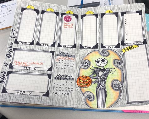 Disney, Nightmare Before Christmas, Jack Skellington, bullet journal, weekly spread, Halloween Nightmare Before Christmas Bujo, Halloween Bullet Journal, October Bullet Journal Ideas Weekly Theme, Disney Bullet Journal, Halloween Themed Bullet Journal, Bullet Journal Halloween, Haunted House Bullet Journal, Bullet Journal October, Bullet Journal Ideas Templates