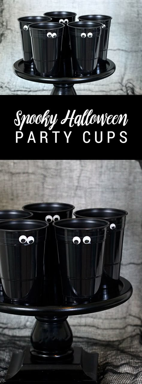 So spooky, so easy! Just slap on some sticky googly eyes for an easy Halloween party cup. Halloween Party Cups, Diy Halloween Dekoration, Diy Halloween Party, Dekorasi Halloween, Halloween Party Decor Diy, Easy Halloween Party, Homemade Halloween Decorations, Kids Halloween Party, Spooky Halloween Party