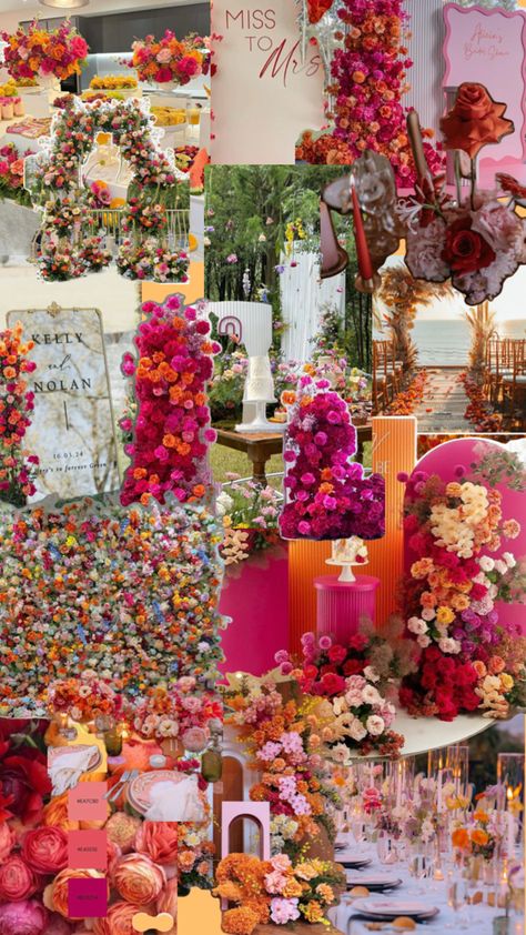 Orange yellow pink red wedding flowers Fuschia And Orange Wedding, Red Orange Pink Wedding Color Palettes, Orange Green Wedding, Destiny Wedding, Pink Red Wedding, Deep Red Wedding, Sunset Garden, Orange Wedding Themes, Orange And Pink Wedding