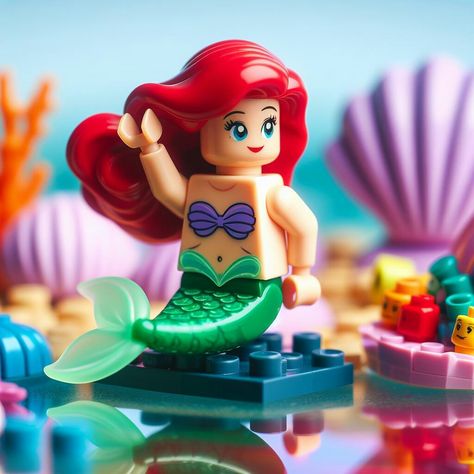 Ariel the little mermaid in Lego style. Lego Mermaid, Lego Photo, Lego Characters, Lego Worlds, Little Mermaid, Disney Art, Mini Figures, The Little Mermaid, Ariel