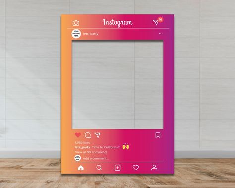 A1 (594x841mm) or A0 (841x1189mm) size party selfie frame in a Instagram style gradient! This product is completely editable - we can change the username, number of likes and comment to whatever you want! Simple send us your request when making your purchase. This lightweight selfie frame is made of a durable material that is extremely easy to hold, and delivers an extremely high quality print. The frame comes fully assembled so you can open and use straight away! We offer three types of material choices: 4mm Correx - a lightweight material, with slight ridges within it. 5mm Foamex - a completely smooth material that is slightly sturdier. 10mm Stadur - a lightweight but rigid board with a  smooth matt surface.*At this moment in time we can only deliver to MAINLAND UK* **NOTE** Please be ad Instagram Frame Photobooth, Instagram Photo Booth, Instagram Gradient, Colourful Party, Party Selfie, Photobooth Props Printable, Selfie Frame, Frame Props, Tv Photo