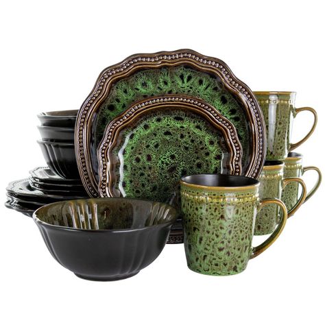 The Elama Jade Waves 16 Piece Dinnerware Set in Green brings a truly stunning accent to your tableware with its unique pattern and texture. The high gloss finish of this luxurious set will tantalize your sense of touch while the bold colors will entice your sense of sight. A textured pattern rim adorning the edges of the dinner and salad plates enhances the luxurious feel of these dinnerware pieces. The same rim runs along the top edge of the mugs to add a special touch complimenting the rest of