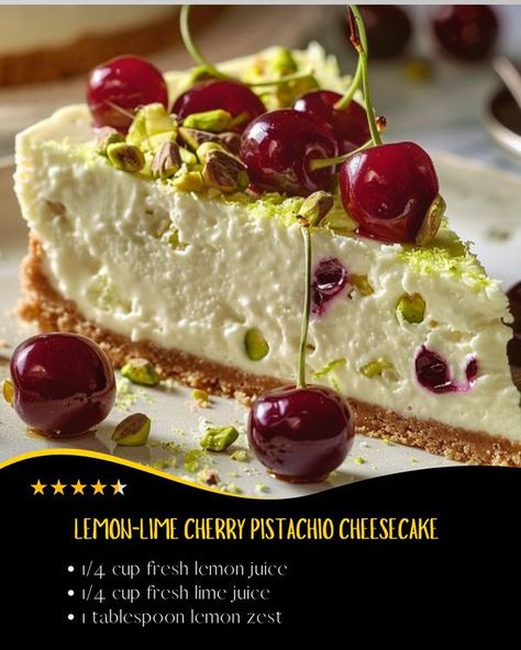 Top Recipes | Lemon-Lime Cherry Pistachio Cheesecake | Facebook Italian Cheesecake, Cherry Pistachio, Cheesecake Ingredients, Pistachio Cheesecake, Top Recipes, Graham Cracker Crumbs, Graham Cracker, Fresh Lime Juice, Lemon Lime