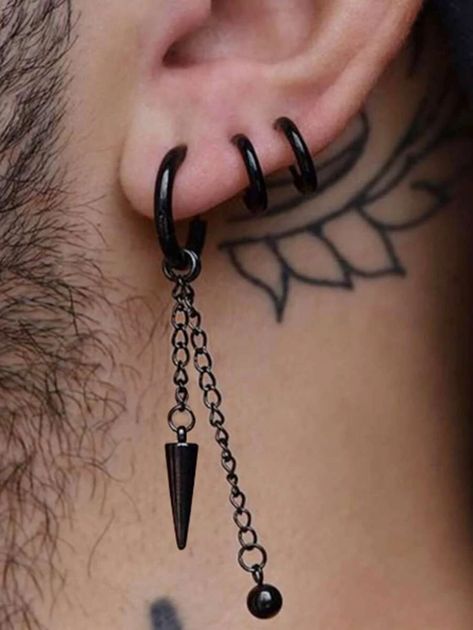 Black Earings Piercings Men, Punk Earrings Men, Black Jewelry Men, Male Earrings Aesthetic, Masculine Piercings, Mens Ear Piercing Ideas, Men Piercing Ideas, Dangling Earrings Men, Piercings Guys