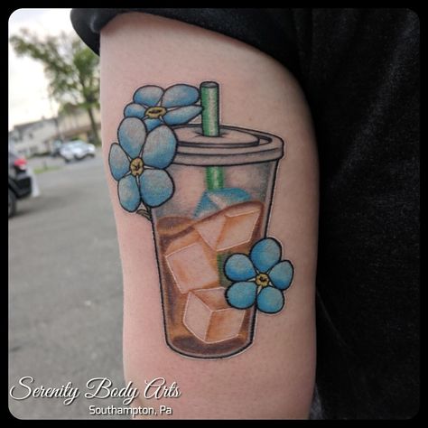 Iced Coffee with Forget me nots Ice Coffee Tattoo Ideas, Coffee Cup Tattoo Design, Iced Coffee Tattoo Minimalist, Iced Coffee Tattoo Ideas, Ice Coffee Tattoo, Iced Coffee Tattoo, Coffee Tattoo Ideas, Ice Tattoo, Coffee Cup Tattoo