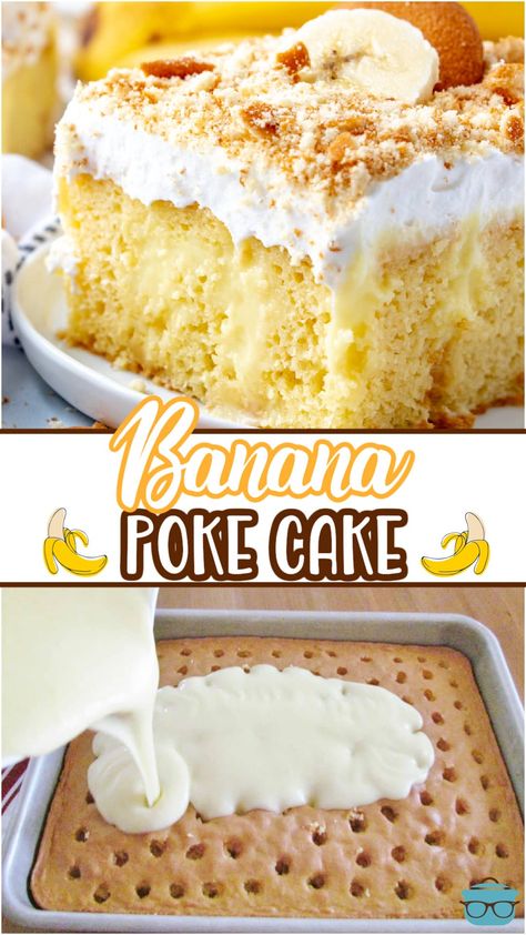 Banana Pudding Poke Cake is an easy dessert recipe made with cake mix poked with banana pudding, topped with Cool Whip and crushed Nilla Wafers! Poke Cake Recipes Jello Pudding, Yellow Poke Cake, Poke Cake Recipes Jello, Poke Cake With Pudding, Instant Pudding Desserts, Banana Poke Cake, Pudding Cake Mix, Easy Banana Pudding Recipe, Yellow Cake Mix Recipes