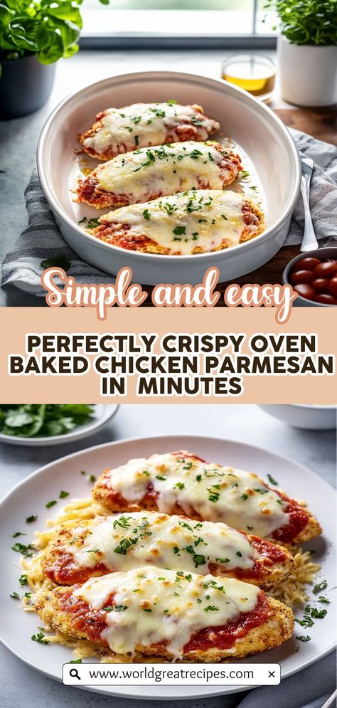 Looking for a quick yet healthy dinner option? Try this Oven Baked Chicken Parmesan! This delightful Italian dish features boneless chicken breasts coated in crispy panko breadcrumbs and topped with marinara sauce and melted cheese. Baked to perfection, this recipe saves time and tantalizes taste buds without the guilt. Ideal for busy weeknights, serve it with roasted veggies or a crisp salad to balance the flavors. Get ready to impress your family with this easy chicken recipe! How To Bake Chicken Breast In Oven, Baked Chicken Milanese Recipe, Baked Chicken In Oven, Chicken Thigh Parmesan, Chicken Marinara Bake, Boneless Chicken Breast Oven, Oven Baked Parmesan Crusted Chicken, Chicken Breast Recipes Quick, Oven Baked Chicken Parmesan Recipe