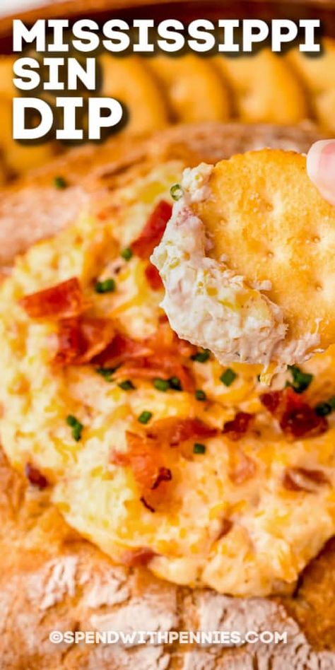 Mississippi Sin Dip is a deep south dish made with bacon and loaded with cheddar cheese and zesty spices. This creamy dip is super easy to bake and serve in a bread bowl. #spendwithpennies #mississippisindip #appetizer #dip #recipe #simple #bacon #easy #deepsouth #dish #parties Ms Sin Dip, Hot Bread Dip, Dips And Appetizers For Parties Appetizer Recipes, The Best Dip In The World, Appetizer Dips Easy, Dipmas Party, Hot Dips Recipes, Savory Dips For Parties, Bread Dip Recipes