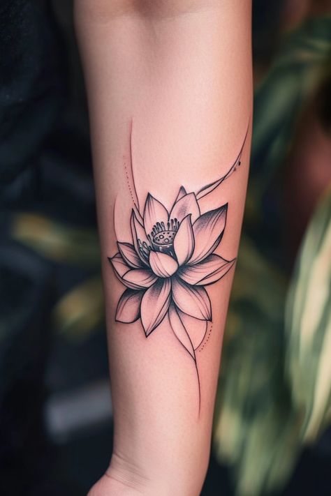 Lotus flower tattoo on a forearm with elegant line work. Unique Lotus Flower Tattoo, Tiny Lotus Tattoo, Lotus Flower Tattoo Ideas, Tribe Tattoo, Lotus Flower Tattoos, Lotus Artwork, Small Lotus Tattoo, Lotus Flower Tattoo Design, Flower Tattoo Ideas