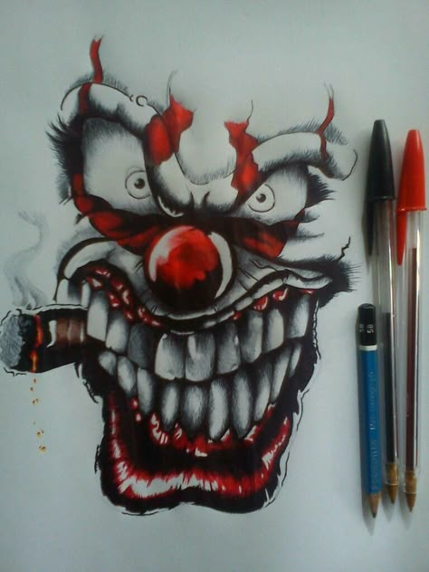 Jester Tattoo, Evil Clown Tattoos, Joker Drawings, Clown Horror, Clown Tattoo, Prison Art, Creepy Drawings, Scary Clown, Skull Art Drawing