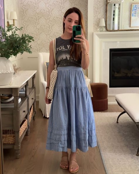 Striped Skirt Outfit, Long Skirt Outfits, Clare V., Billy Joel, Skirt Outfit, Blue Skirt, Stripe Skirt, Muscle Tank, Muscle Tanks