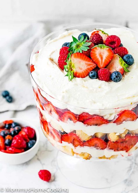 This Eggless Berry Trifle Cake is light, refreshing, and surprisingly easy to make! The perfect no-fuss summer dessert that everyone will love. @mommyhomecookin #recipe #eggless #eggfree #cake #trifle #berries #dessert #nobake #summer Egg Free Dessert Recipes, Different Cake Flavors, Trifle Cake, Pastry Cream Recipe, Berry Trifle, Eggless Cake Recipe, Eggless Desserts, Trifle Dish, Eggless Recipes