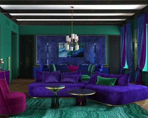 Hollywood Living Room, Purple Velvet Sofa, Purple Interior Design, Colour Combinations Interior, Purple Living Room, Monochrome Decor, Purple Curtains, Purple Interior, Room Design Bedroom