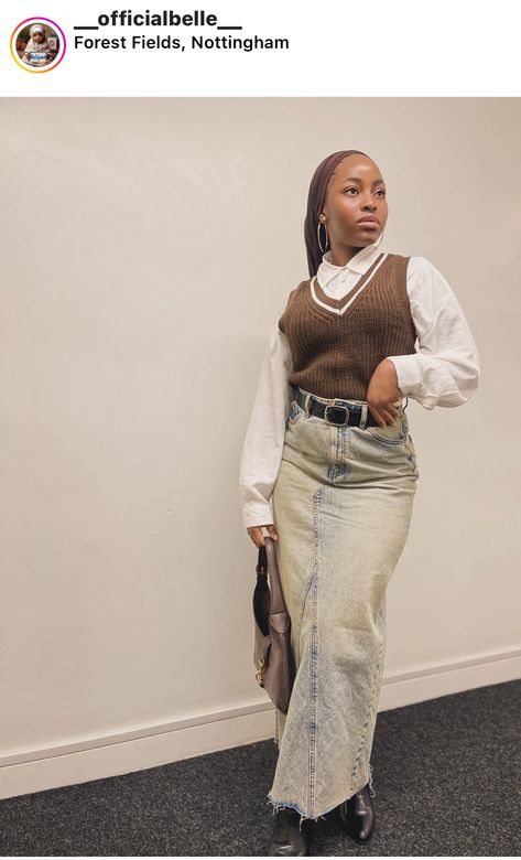 Church School Outfits, Earthy Modest Outfits, Modest Thanksgiving Outfit, Long Skirt Modest Outfits, Long Jean Skirt Outfits Black Women, Modest Girly Outfits Casual, How To Dress Modestly, Girly Modest Outfits, Modest Fashion Black Women