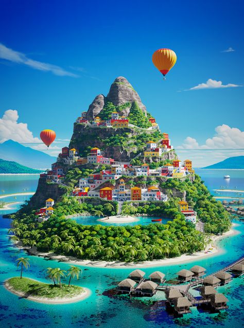 Island City Concept Art, Imaginary World Drawing, Island Concept Art, Minecraft Village, Summer Island, Imaginary World, Build Inspiration, Fantasy Island, Island Art