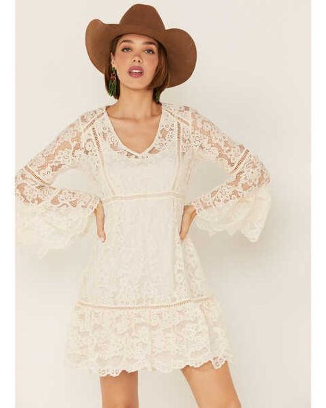 Honey Creek By Scully Womens Lace Crochet Long Sleeve Dress , Ivory Crochet Long Sleeve Dress, Casual White Dresses, Country Style Dresses, Boho Attire, Cowgirl Summer, Western Looks, Eras Tour Outfit Ideas, Mog Dresses, Casual Country Outfits