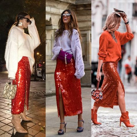 Same skirt, differents outfits 💘💫✨ ... . ... . #streetstyle #style #likeforfollow #fashion #fashionblogger #shopping #clothes #look… Orange Sequin Skirt Outfit, Red Sequin Skirt Outfit, Red Sequin Skirt, Sequin Skirt Outfit, Rainy Day Outfit For Work, Sequined Skirt, Street Dress, Shopping Clothes, Retro Styles