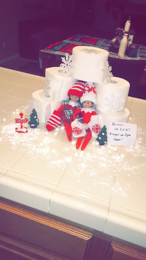 Igloo Elf On The Shelf, Elf On The Shelf Day 2, Elf On The Shelf Igloo, Elf Igloo, Igloo House, Elf Arrival, Awesome Elf On The Shelf Ideas, Xmas Elf, Elf Ideas