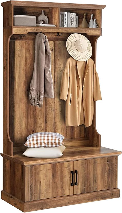 Entry Shoe Storage, Shoe Coat Rack, Hallway Coat Storage, Coat Rack Shoe Storage, Shoe Storage Wood, Rustic Hall Trees, Shoe Bench Storage, Bench With Coat Rack, Entryway Bench Decor