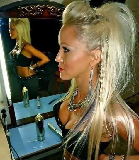 Trashy Hairstyles, Rocker Chic Hairstyle, Punk Rock Hairstyles For Women, Long Rocker Hair, Rock Concert Hairstyles, 80s Rocker Chick, Motorcycle Hair, Faux Hawk Ponytail, 80s Rock Hair