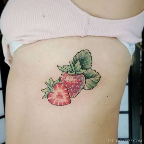 150 Best Strawberry Tattoos With Meaning for Men and Women (2022) - TattoosBoyGirl Traditional Strawberry Tattoo, Tough Tattoos, Tattoos With Meaning For Men, Strawberry Tattoos, Cottagecore Tattoo, Birdcage Tattoo, Rad Tattoos, Cupid Valentine, Garter Tattoo