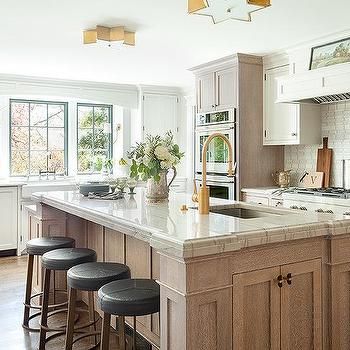 Wire Brushed Oak Kitchen Island with White Pleated Drum Shade Lights - Transitional - Kitchen Wicker Counter Stools, White Quartzite Countertops, Grey Blue Kitchen, Lights Over Kitchen Island, Polished Nickel Faucet, Grey Kitchen Island, Quartzite Countertops, Kitchen Ceiling, Kitchen Views