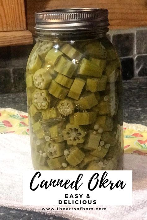 Canned okra in a canning jar Canned Okra And Tomatoes, How To Can Okra In Jars, Canning Okra Recipes, Canned Pickled Okra Recipe, How To Preserve Fresh Okra, Canning Okra For Frying Later, Okra Canning Recipes, Pickled Okra Recipe Canning, Canned Okra For Frying