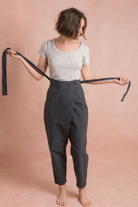 Work Pants Sewing Pattern, Linen Wrap Pants, Wrap Pants Sewing Pattern, Two Piece Pattern, Sewing Patterns Pants, Wrap Pants Pattern, Thai Wrap Pants, Linen Pants Pattern, Pegged Pants