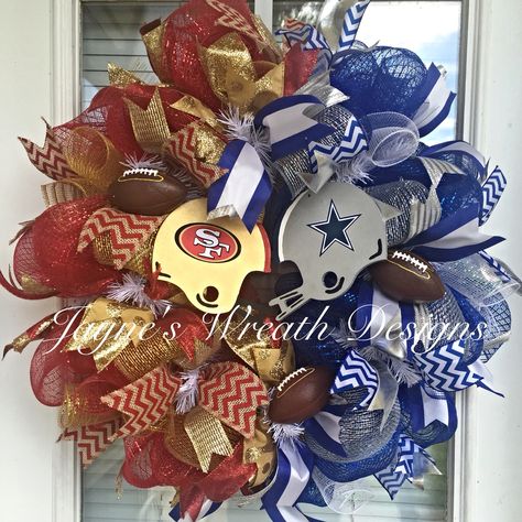 Custom Order House Divided San Fransisco 49ers/ Dallas Cowboys Football Wreath by Jayne's Wreath Designs on fb and Instagram Football Mesh Wreath Diy, House Divided Football Wreath, Sports Wreaths Football, Dallas Cowboys Wreath Ideas, Nfl Wreaths Football, Sports Wreaths Diy, Football Wreaths For Front Door, 49ers Crafts, Eagles Wreath